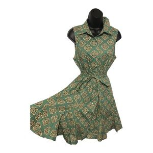 Green‎ paisley print look flared hem belted button front dress size small new